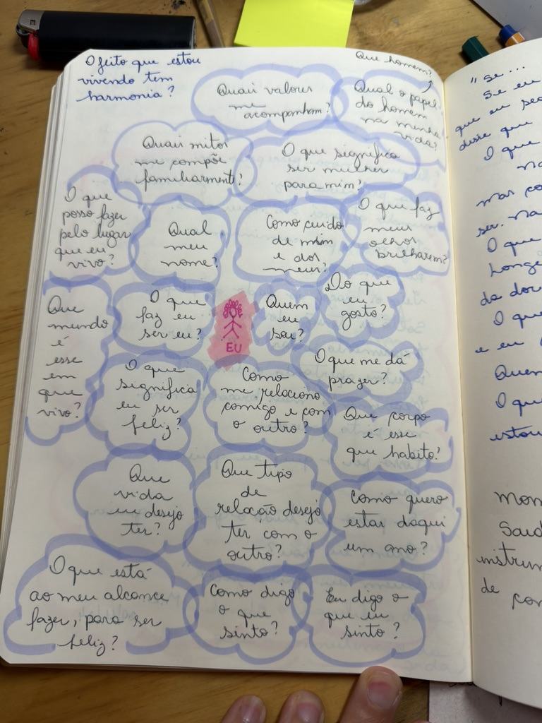 Página de caderno com perguntas escritas à mão